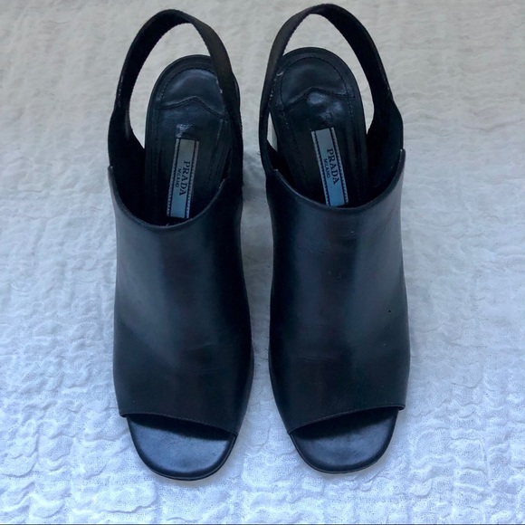 💯 PRADA Black Leather Open Toe Heels Size 8.5 - Picture 2 of 8